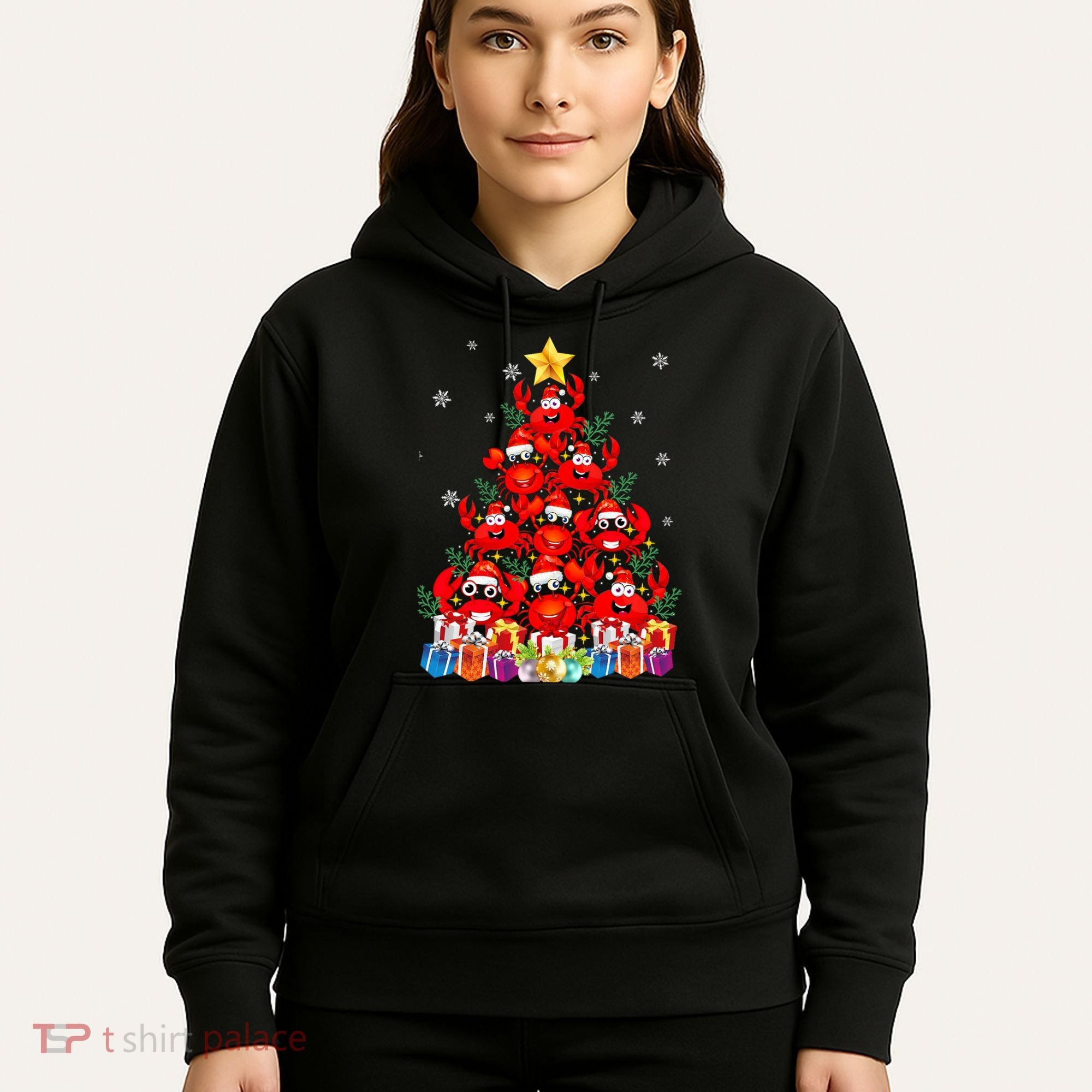 Funny Crab Christmas Tree Lights With Santa Hat Hoodie