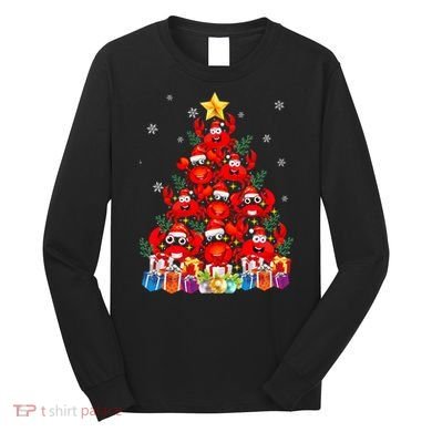 Funny Crab Christmas Tree Lights With Santa Hat Long Sleeve Shirt