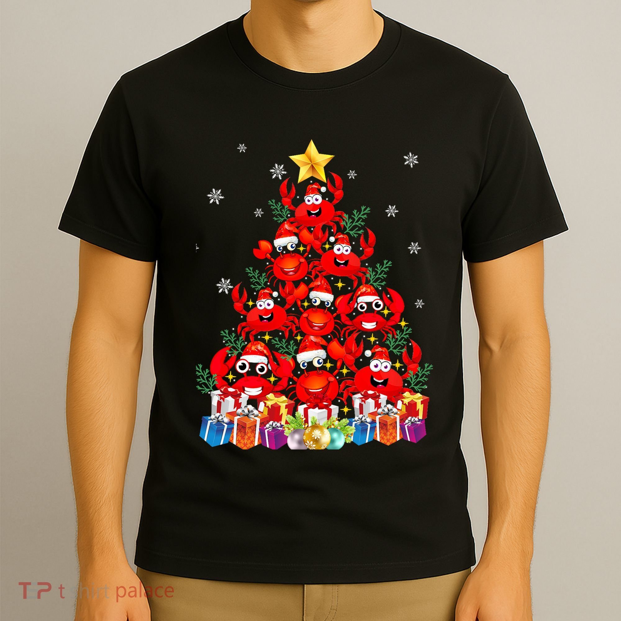 Funny Crab Christmas Tree Lights With Santa Hat T-Shirt