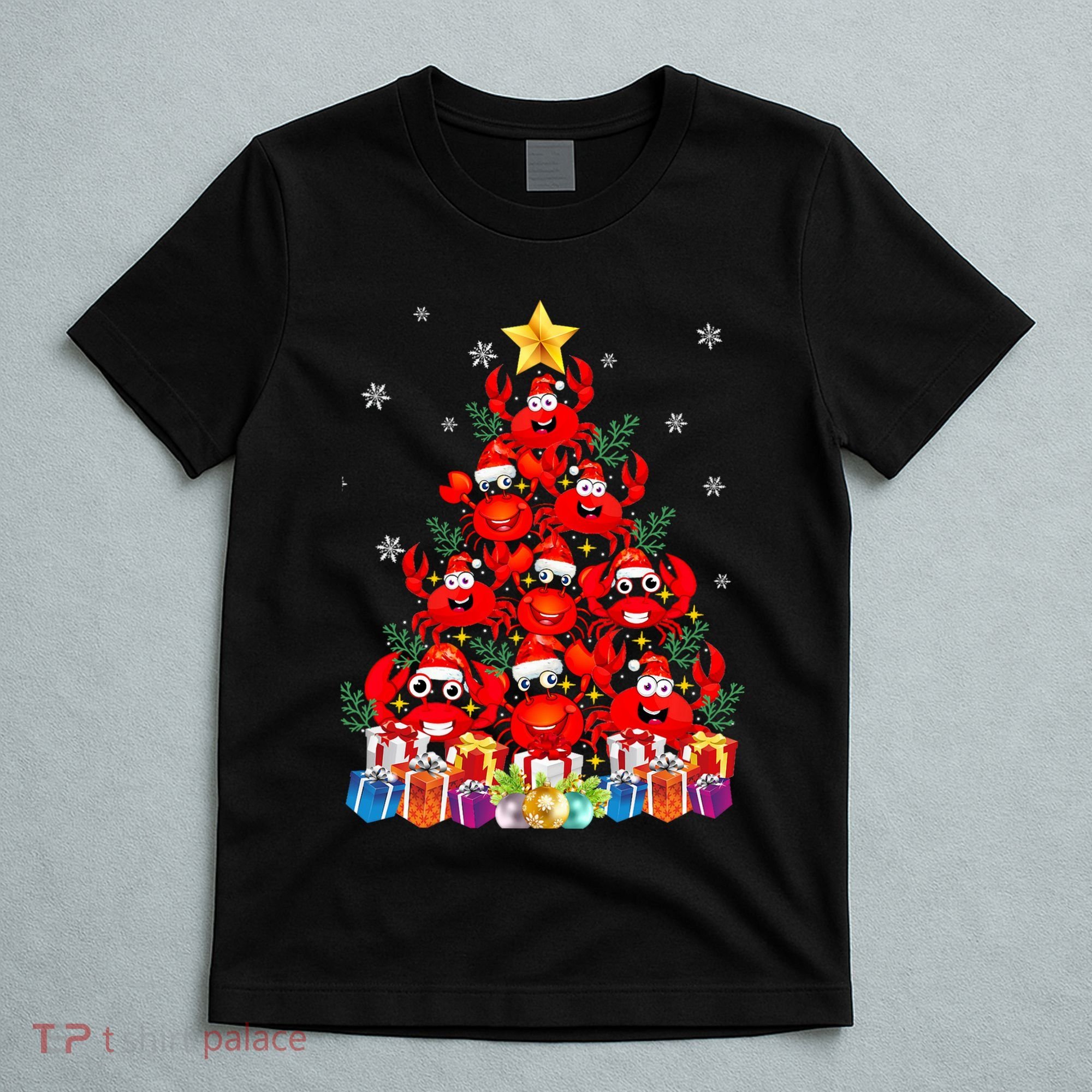 Funny Crab Christmas Tree Lights With Santa Hat T-Shirt