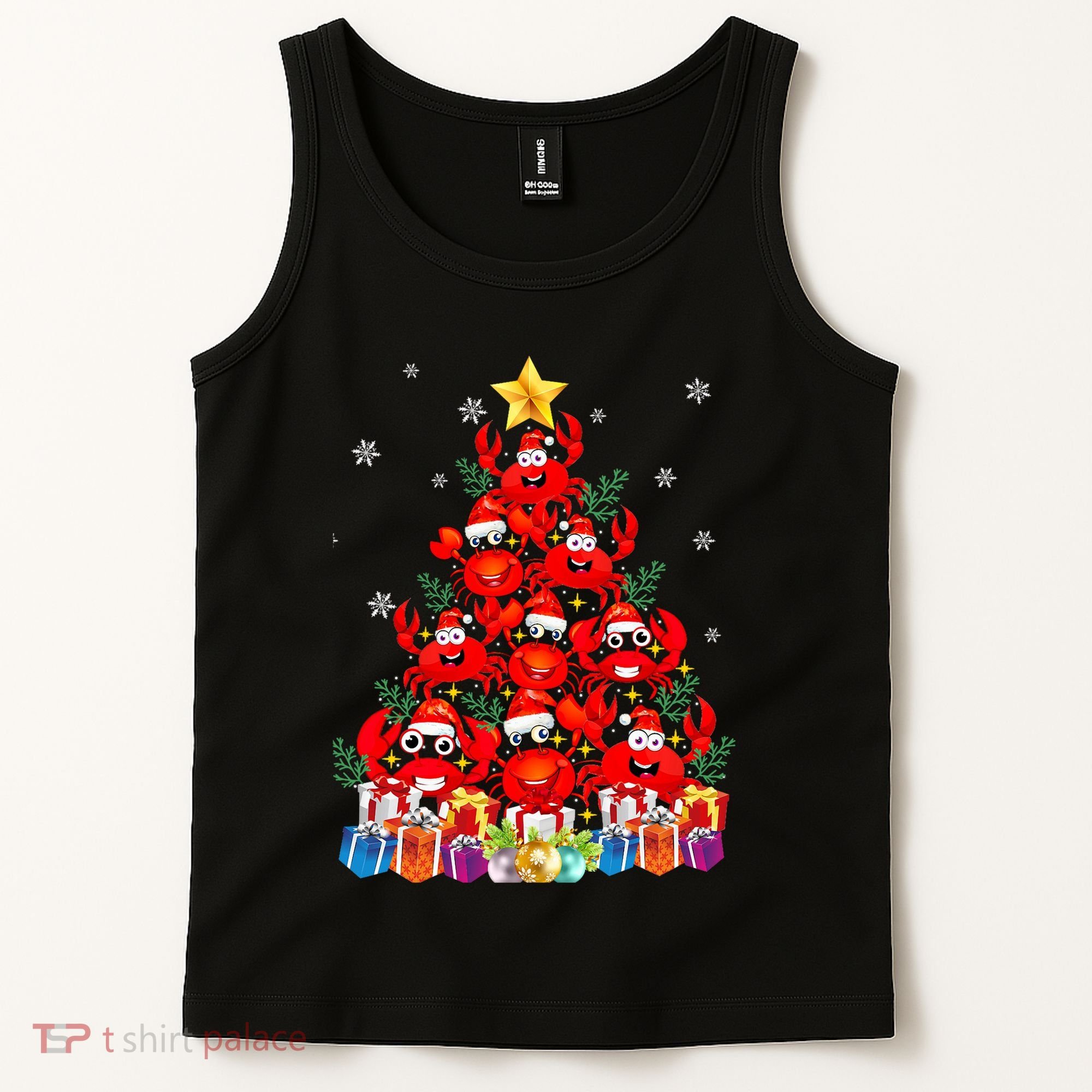 Funny Crab Christmas Tree Lights With Santa Hat Tank Top