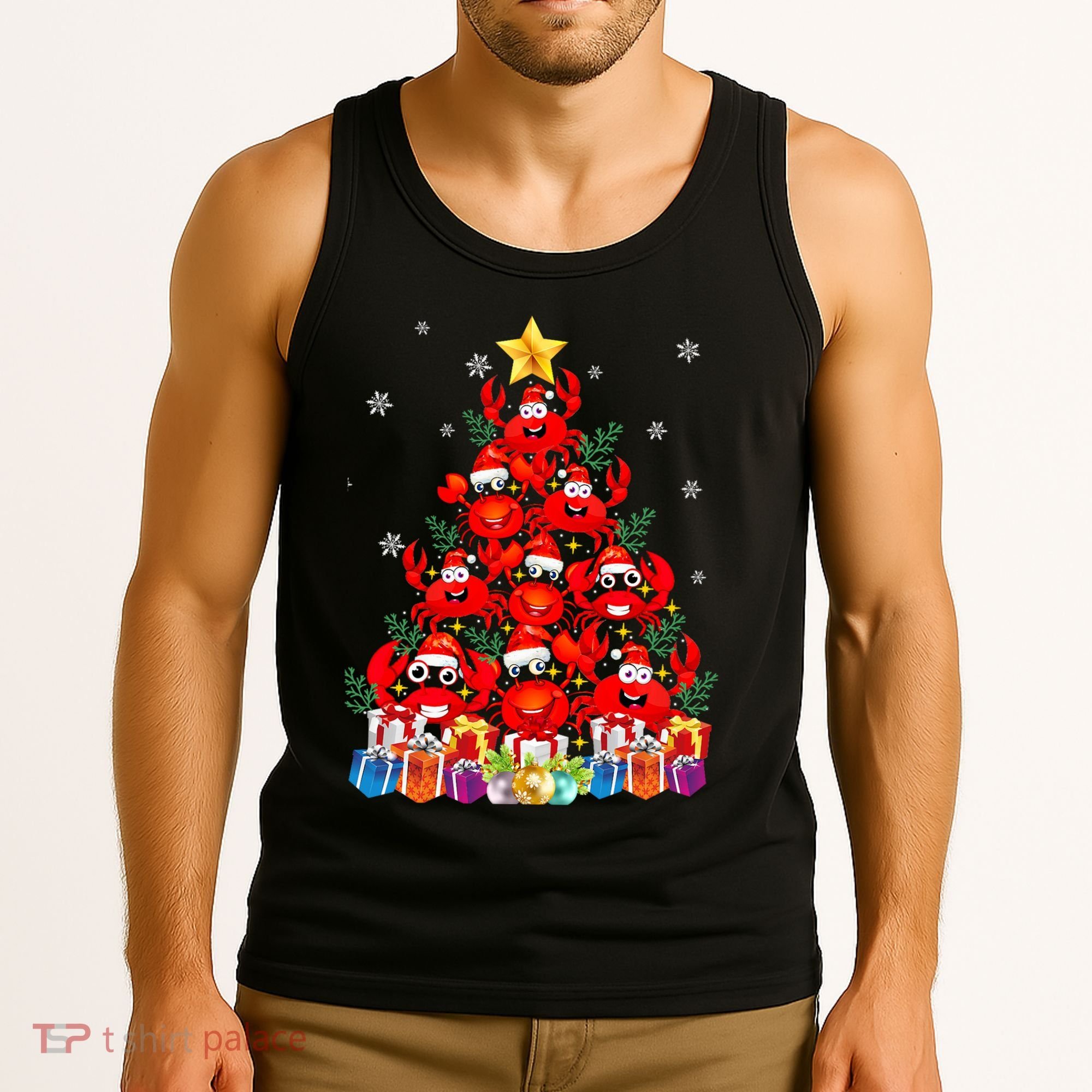 Funny Crab Christmas Tree Lights With Santa Hat Tank Top