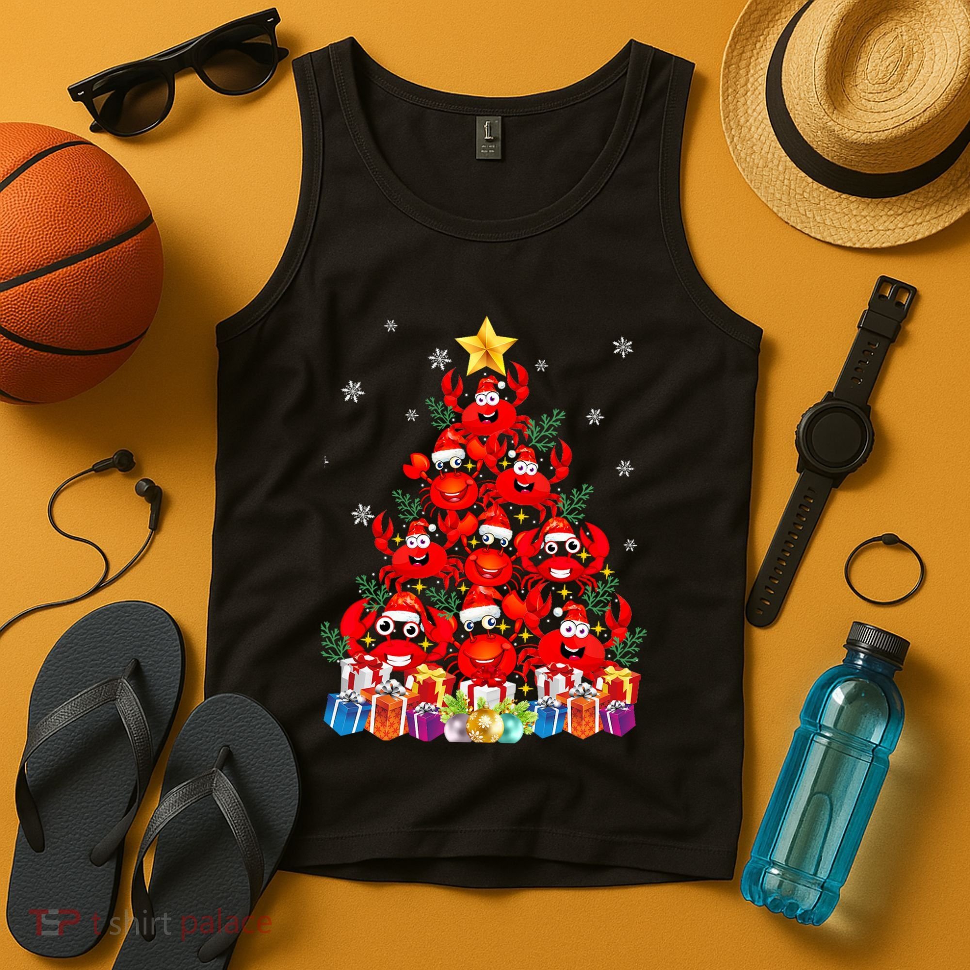 Funny Crab Christmas Tree Lights With Santa Hat Tank Top