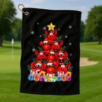 Funny Crab Christmas Tree Lights With Santa Hat Golf Towel thumb 1