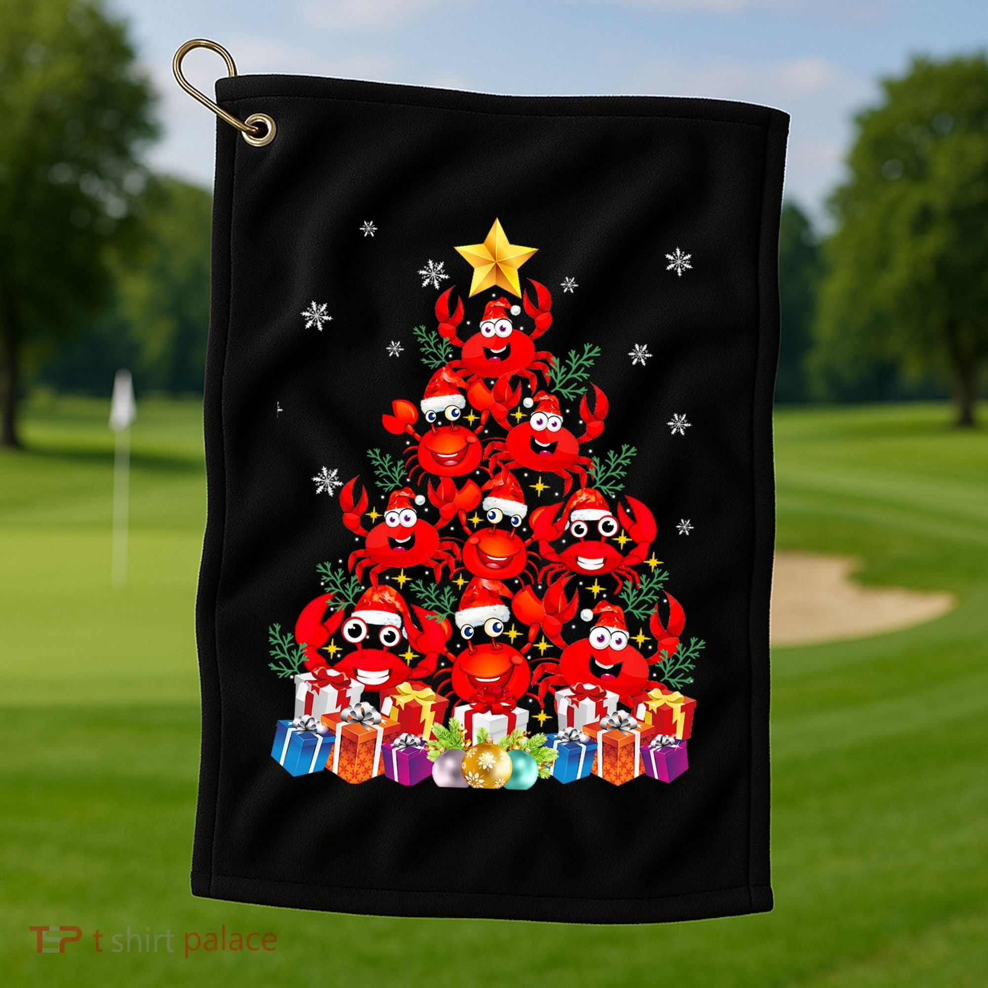 Funny Crab Christmas Tree Lights With Santa Hat Golf Towel