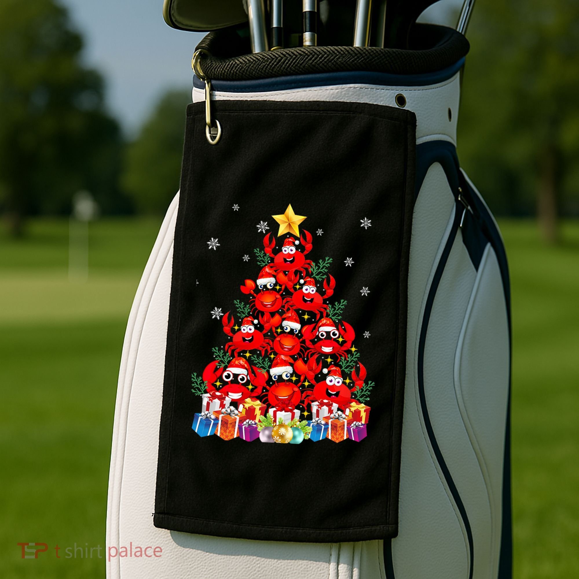 Funny Crab Christmas Tree Lights With Santa Hat Golf Towel