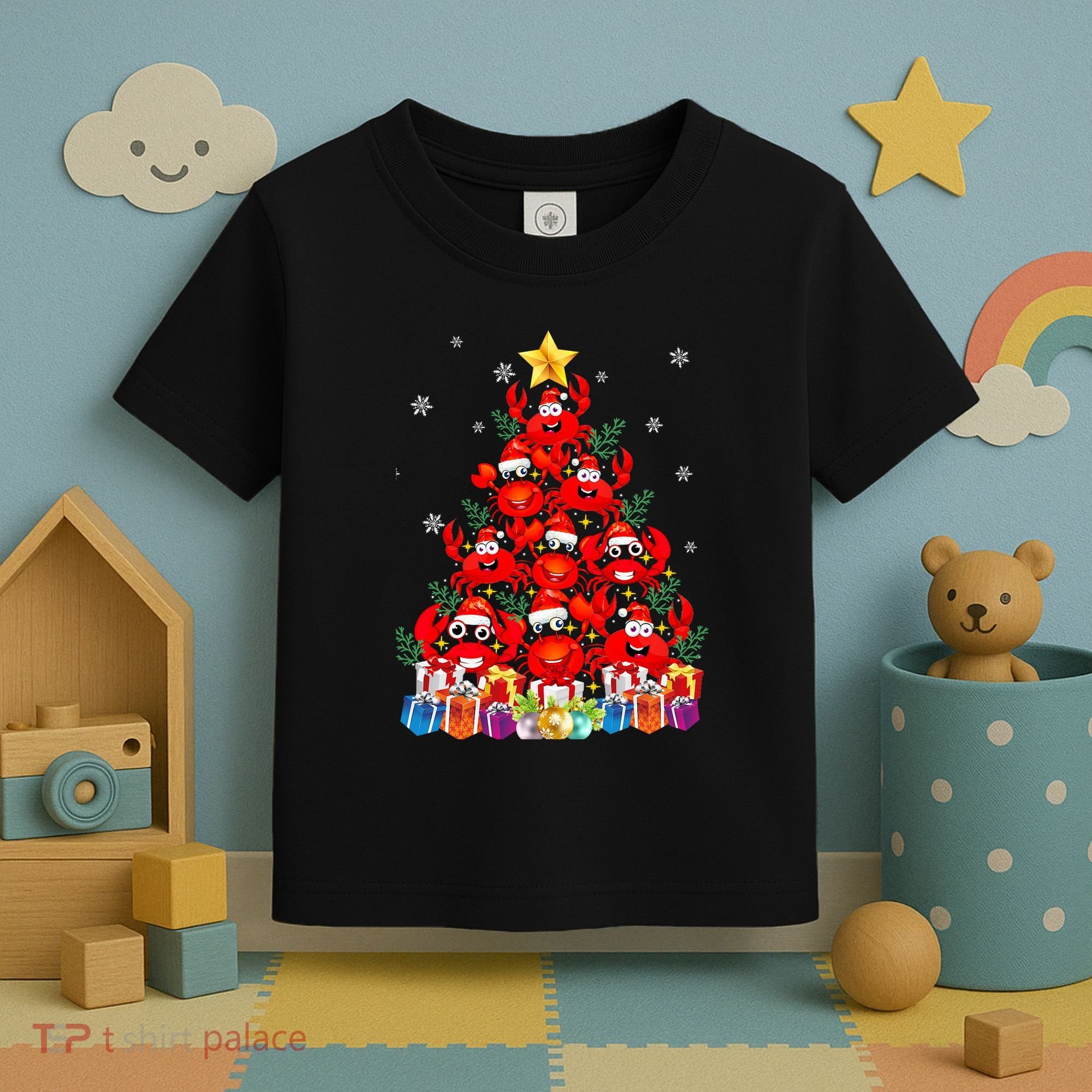 Funny Crab Christmas Tree Lights With Santa Hat Toddler T-Shirt