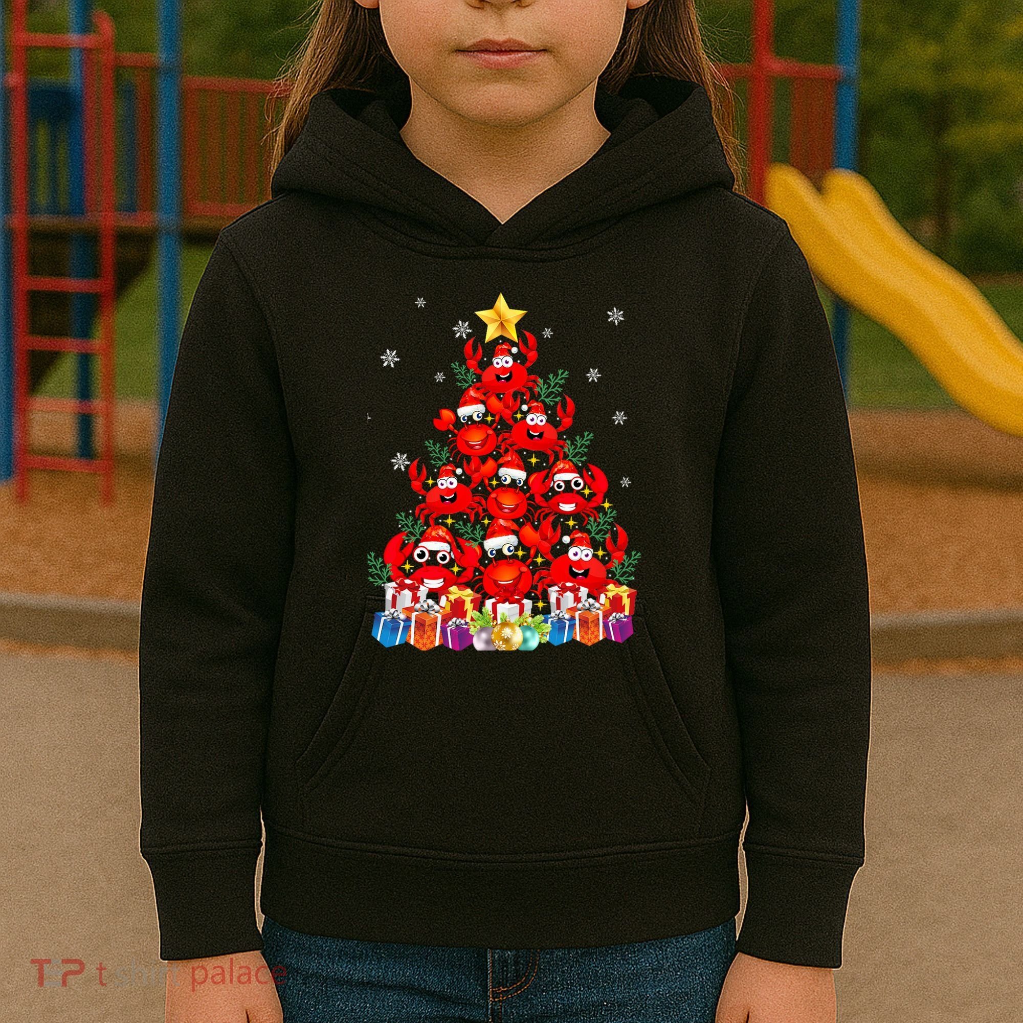Funny Crab Christmas Tree Lights With Santa Hat Kids Hoodie