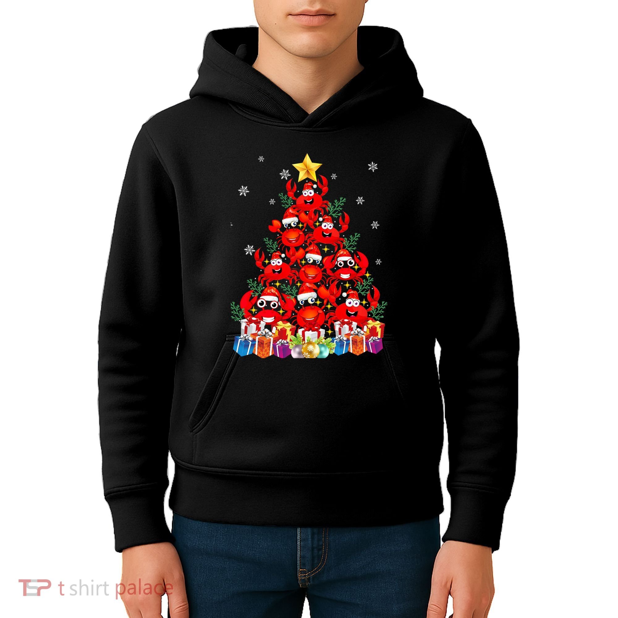 Funny Crab Christmas Tree Lights With Santa Hat Kids Hoodie