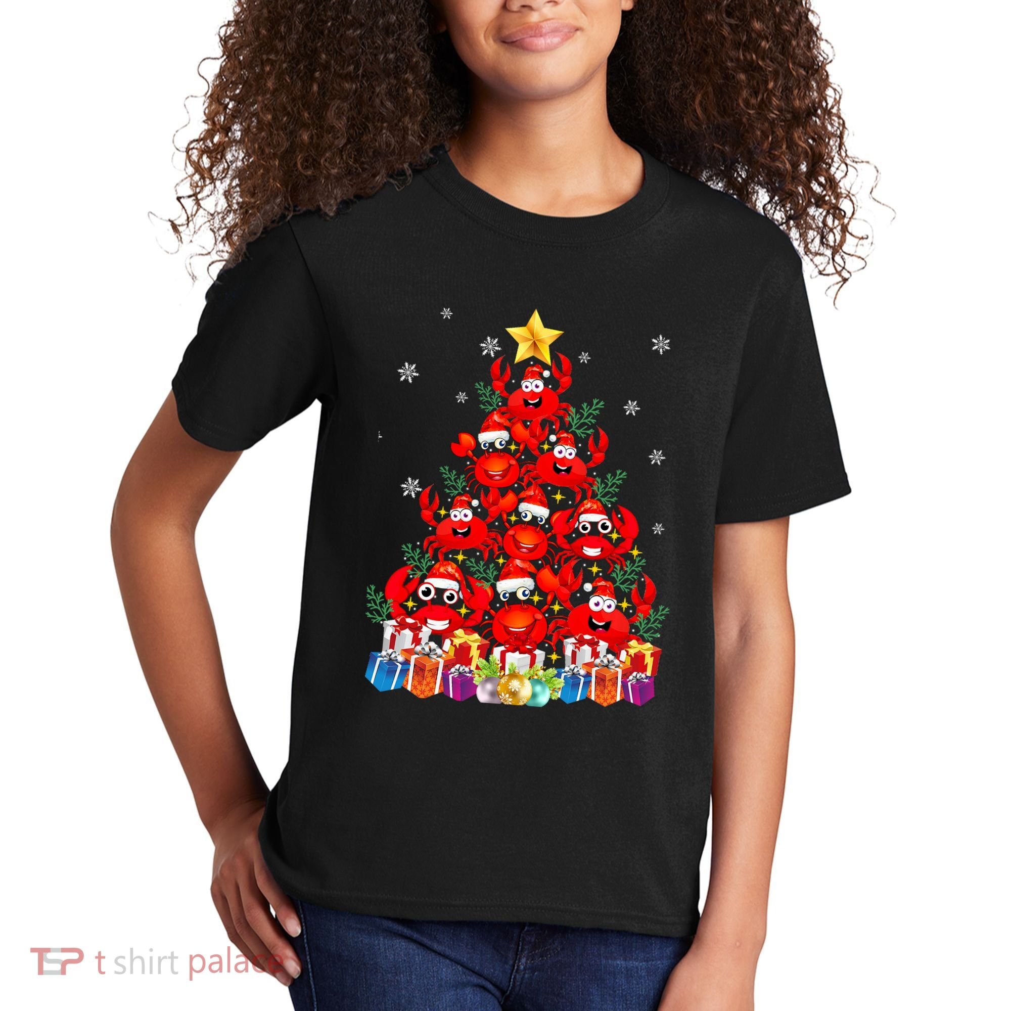 Funny Crab Christmas Tree Lights With Santa Hat Kids T-Shirt