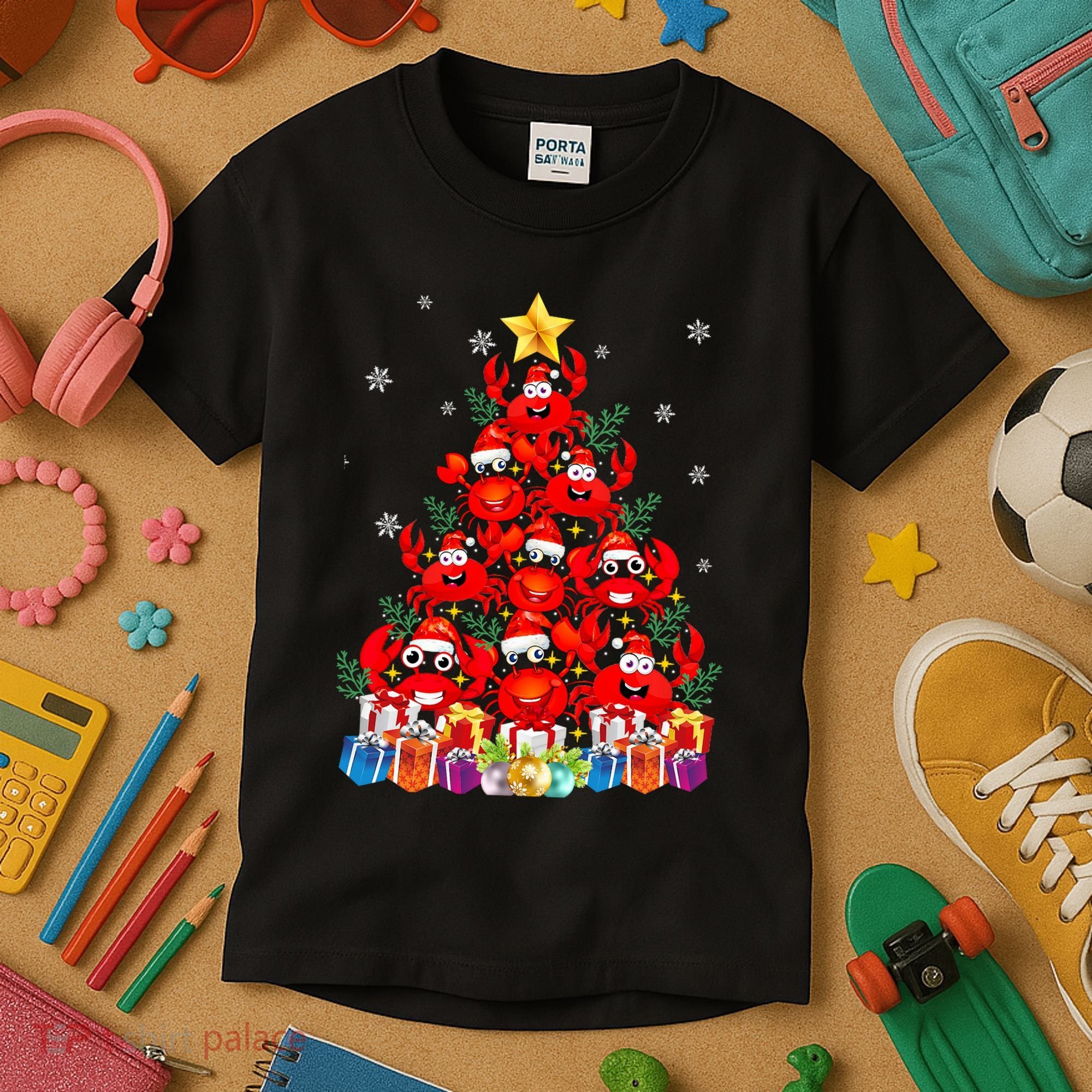 Funny Crab Christmas Tree Lights With Santa Hat Kids T-Shirt