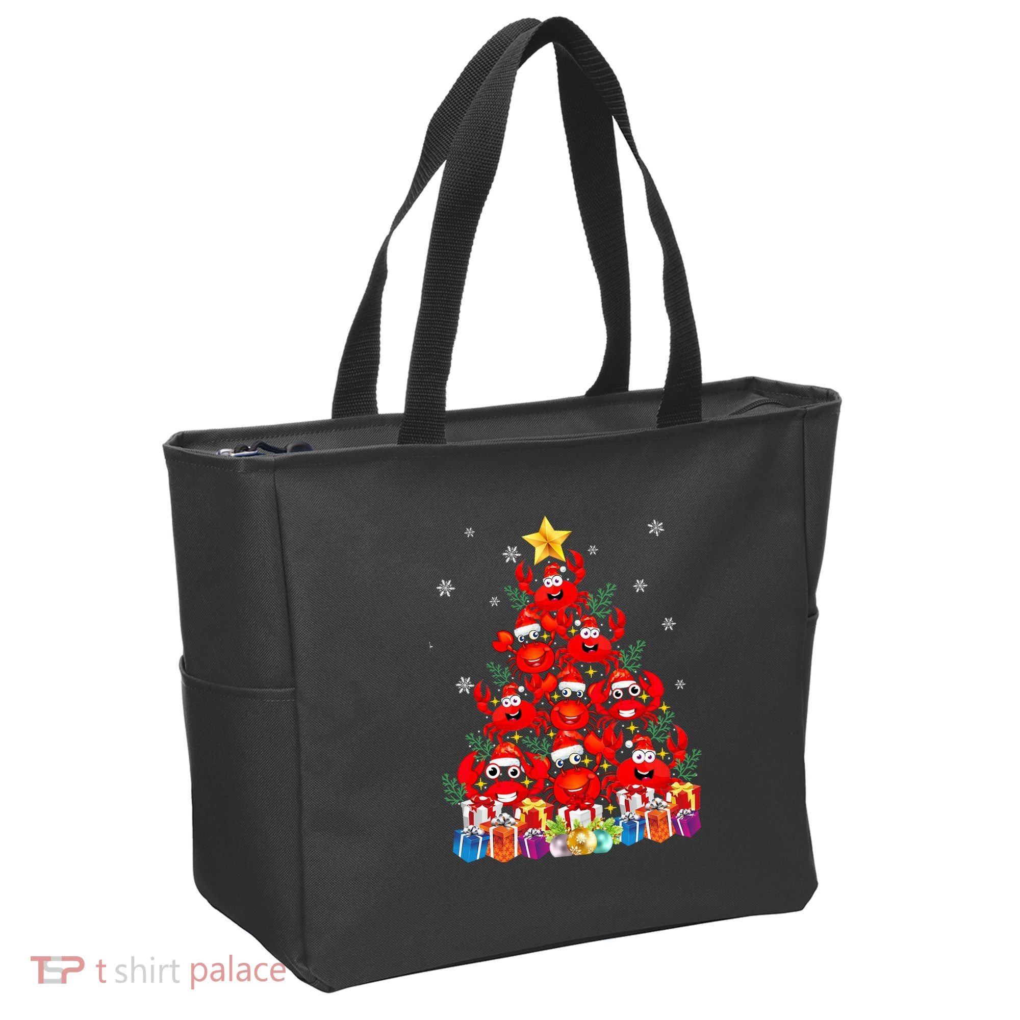 Funny Crab Christmas Tree Lights With Santa Hat Tote Bag
