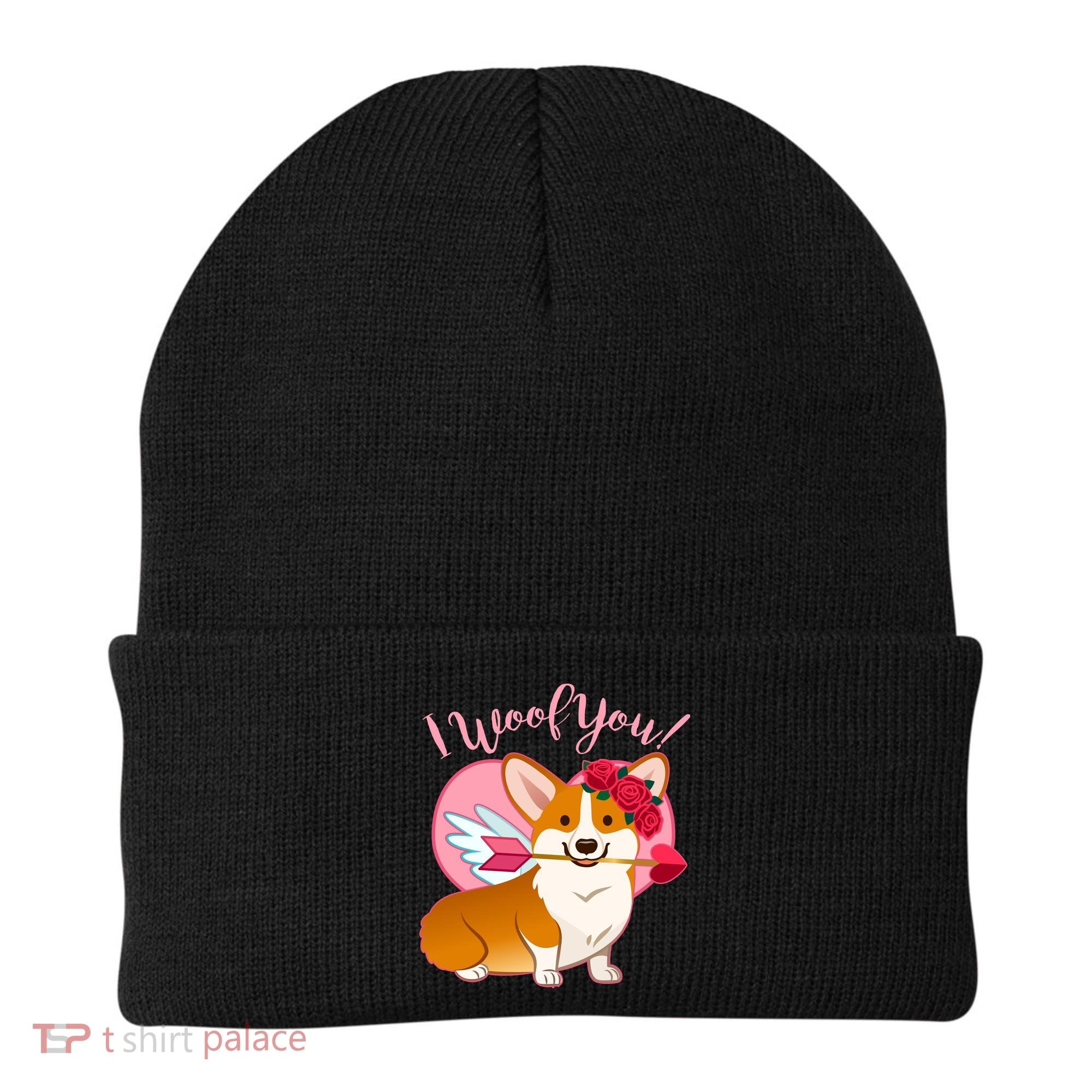 Funny Cute Corgi Valentine I Woof You Beanie