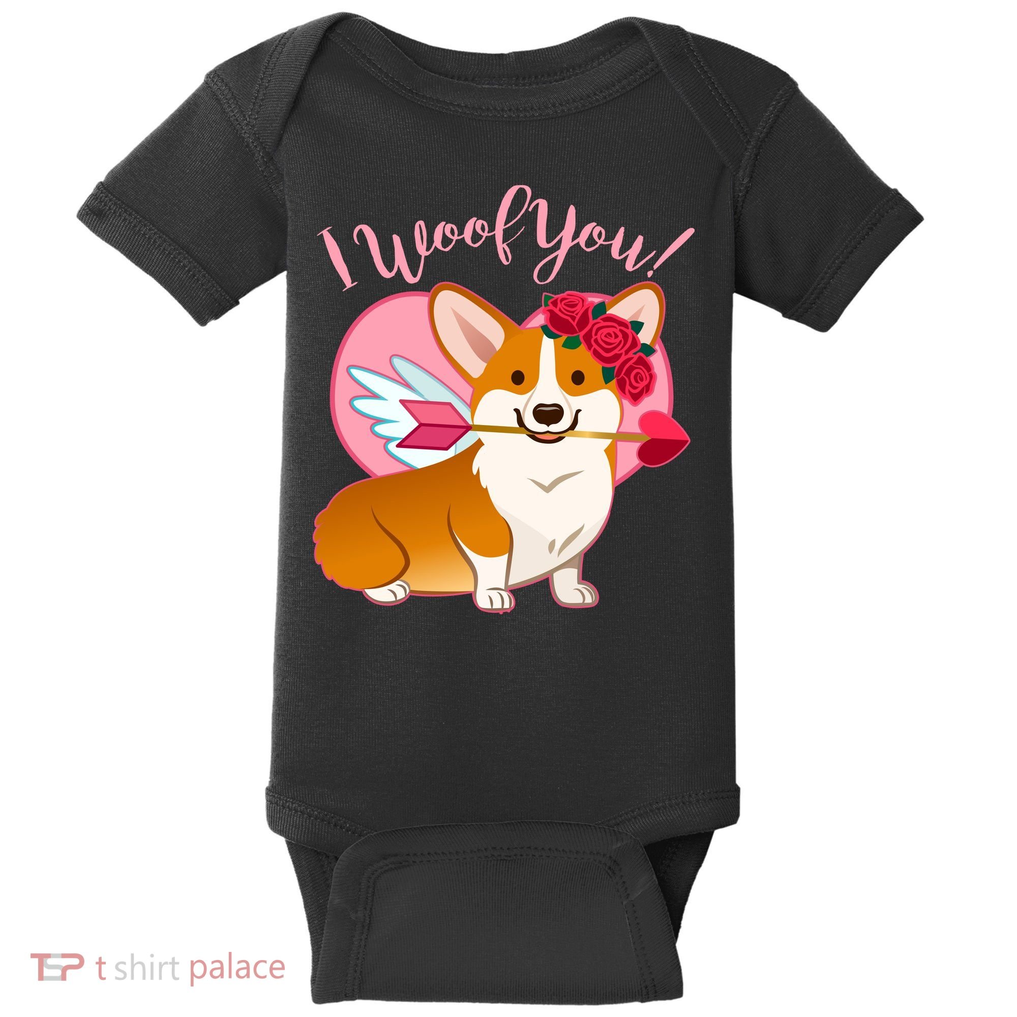Funny Cute Corgi Valentine I Woof You Baby Bodysuit
