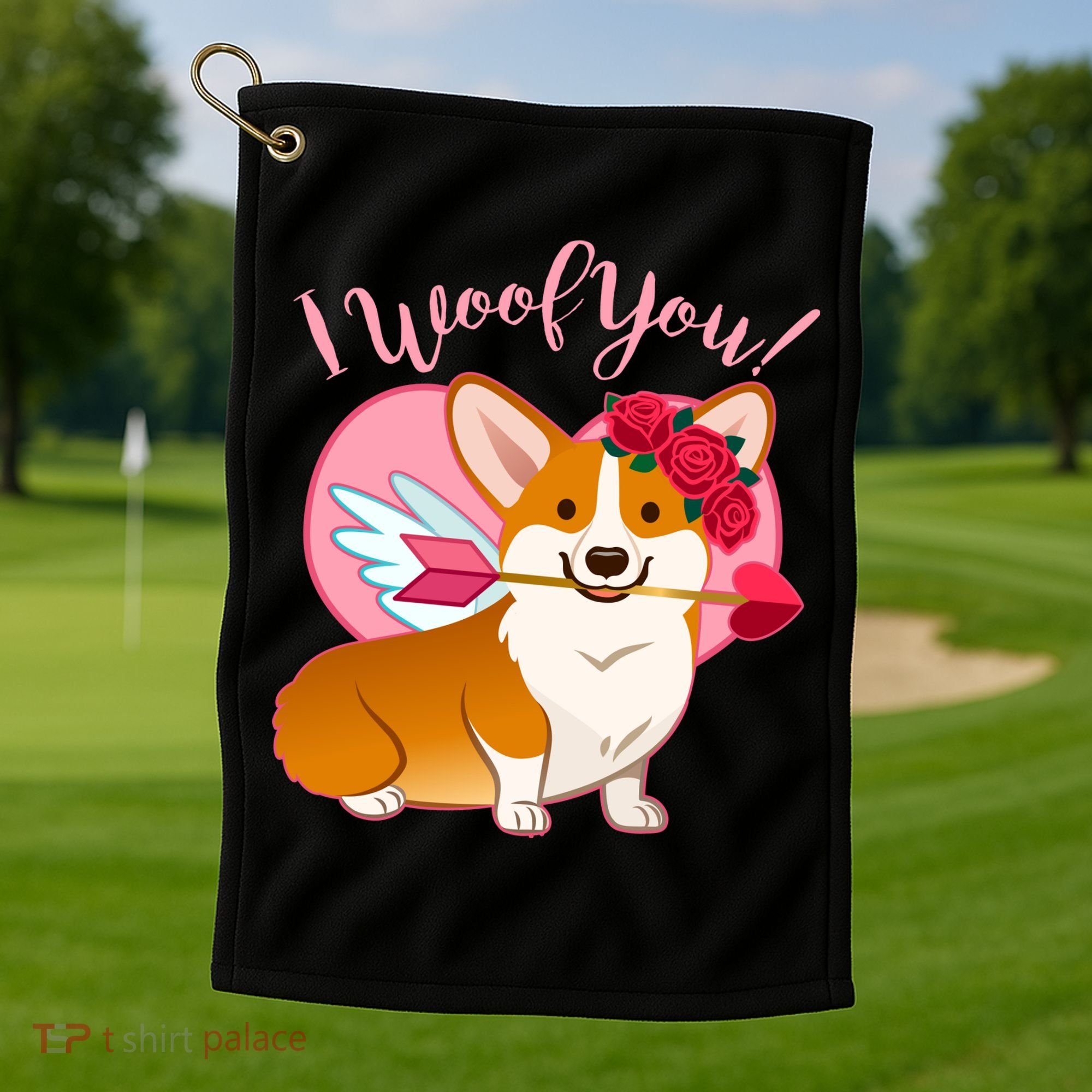 Funny Cute Corgi Valentine I Woof You Golf Towel