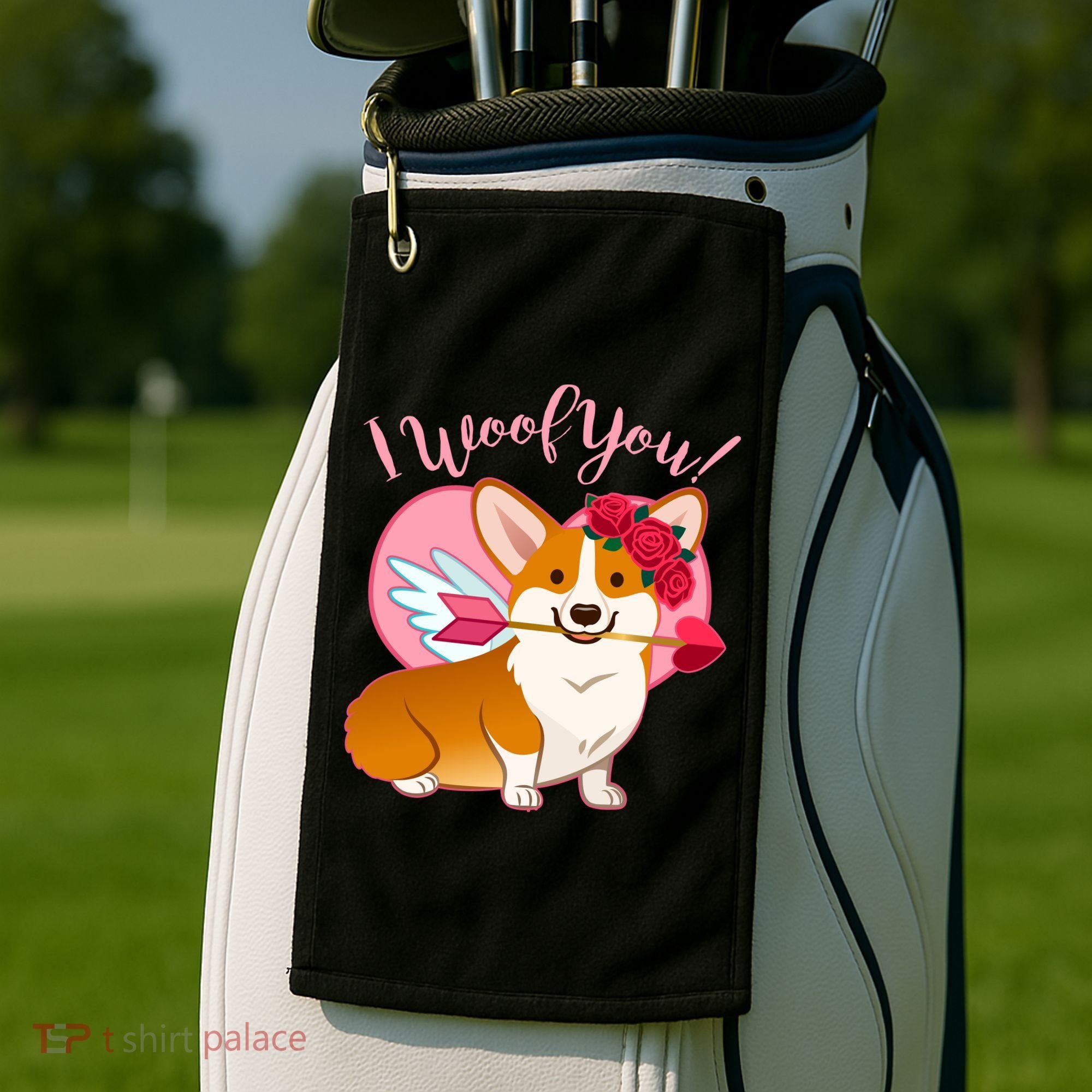 Funny Cute Corgi Valentine I Woof You Golf Towel