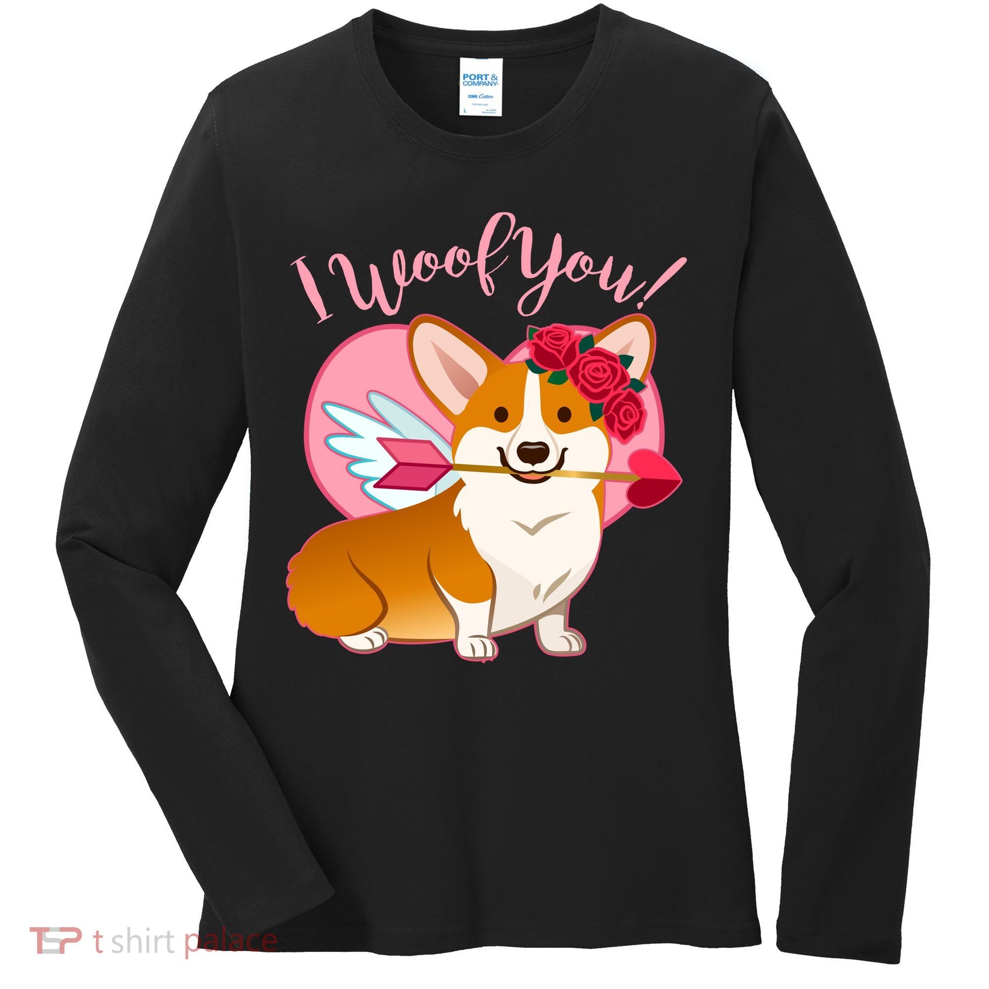 Funny Cute Corgi Valentine I Woof You Women's Long Sleeve Shirt