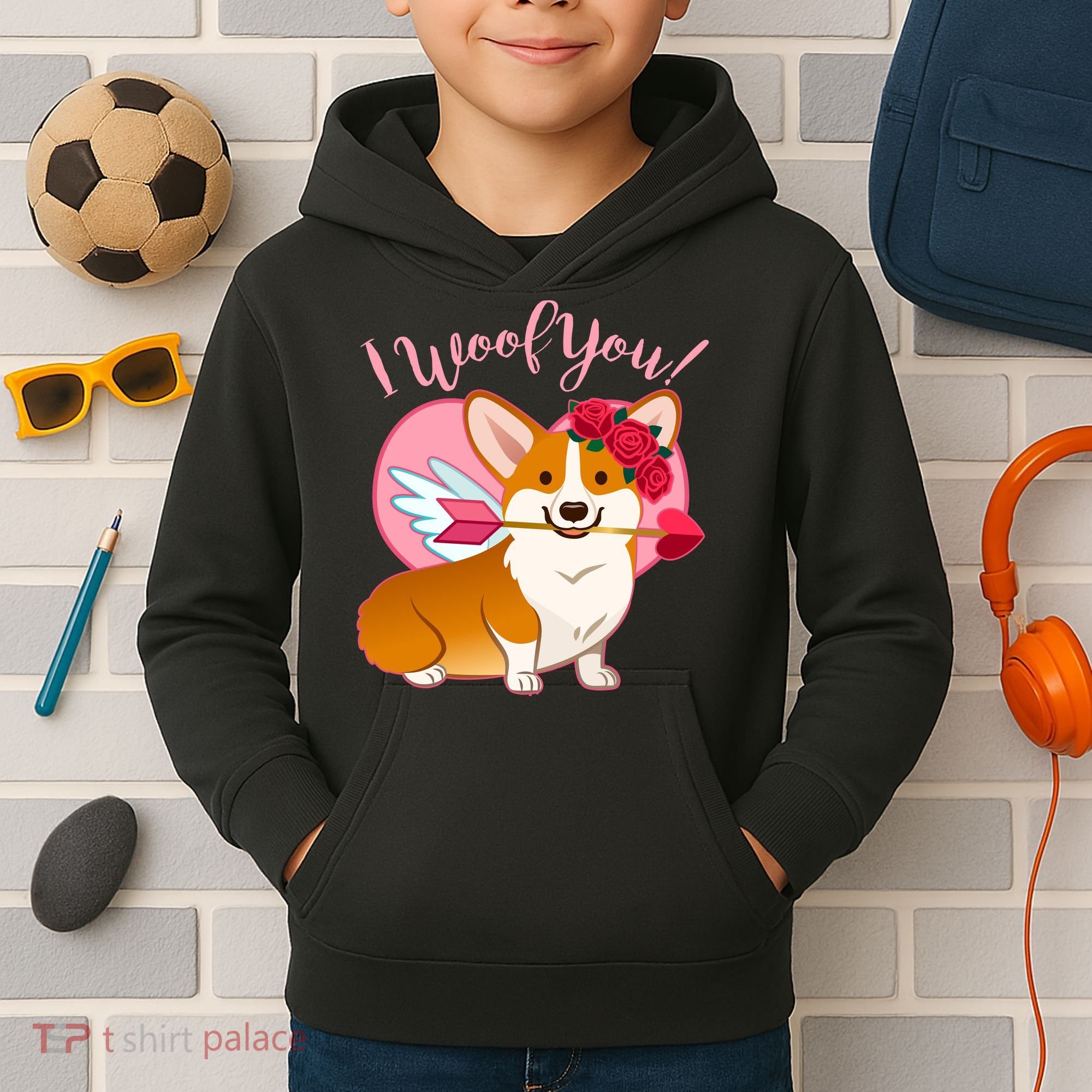 Funny Cute Corgi Valentine I Woof You Kids Hoodie