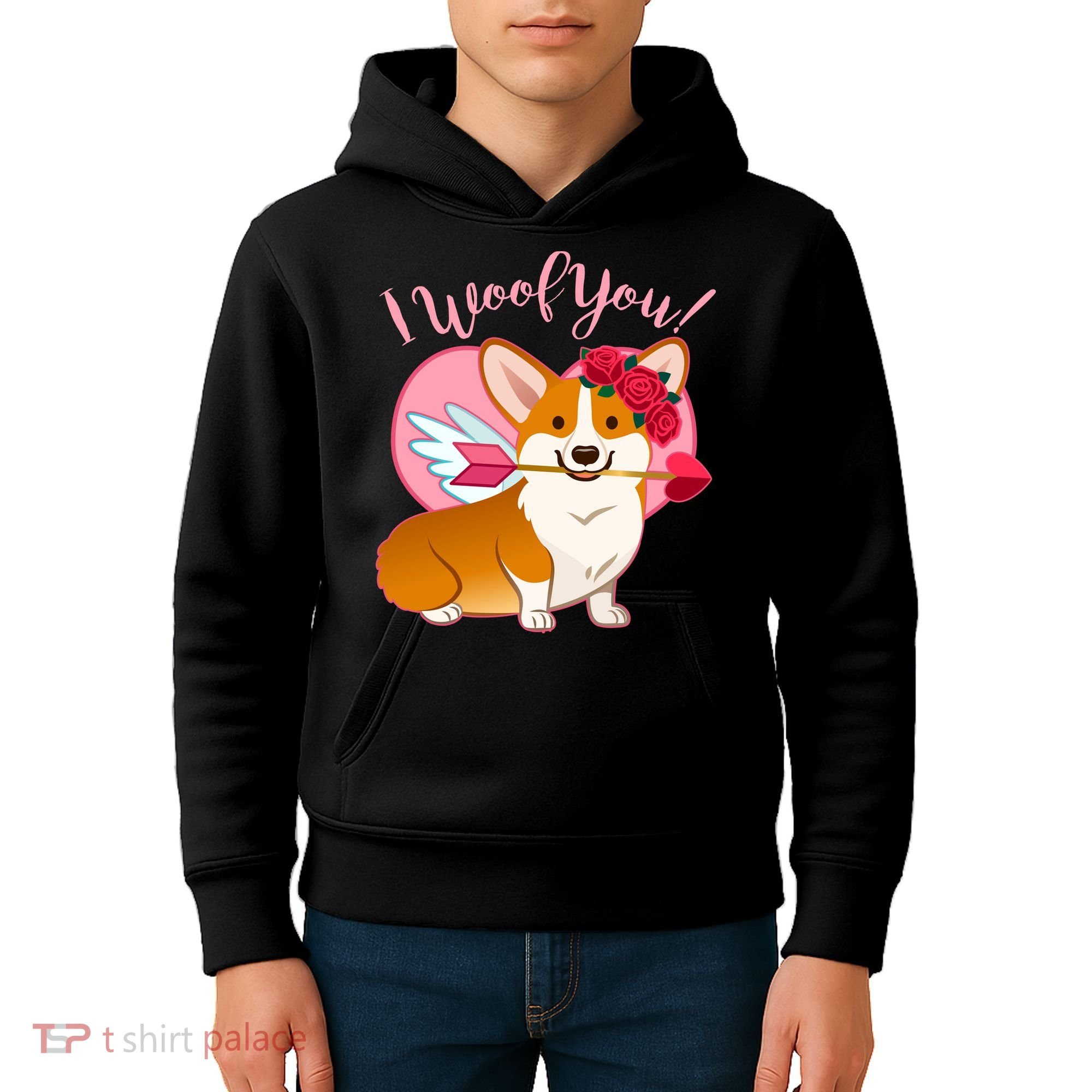 Funny Cute Corgi Valentine I Woof You Kids Hoodie