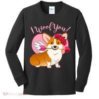 Funny Cute Corgi Valentine I Woof You Kids Long Sleeve Shirt thumb 0