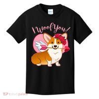 Funny Cute Corgi Valentine I Woof You Kids T-Shirt thumb 0