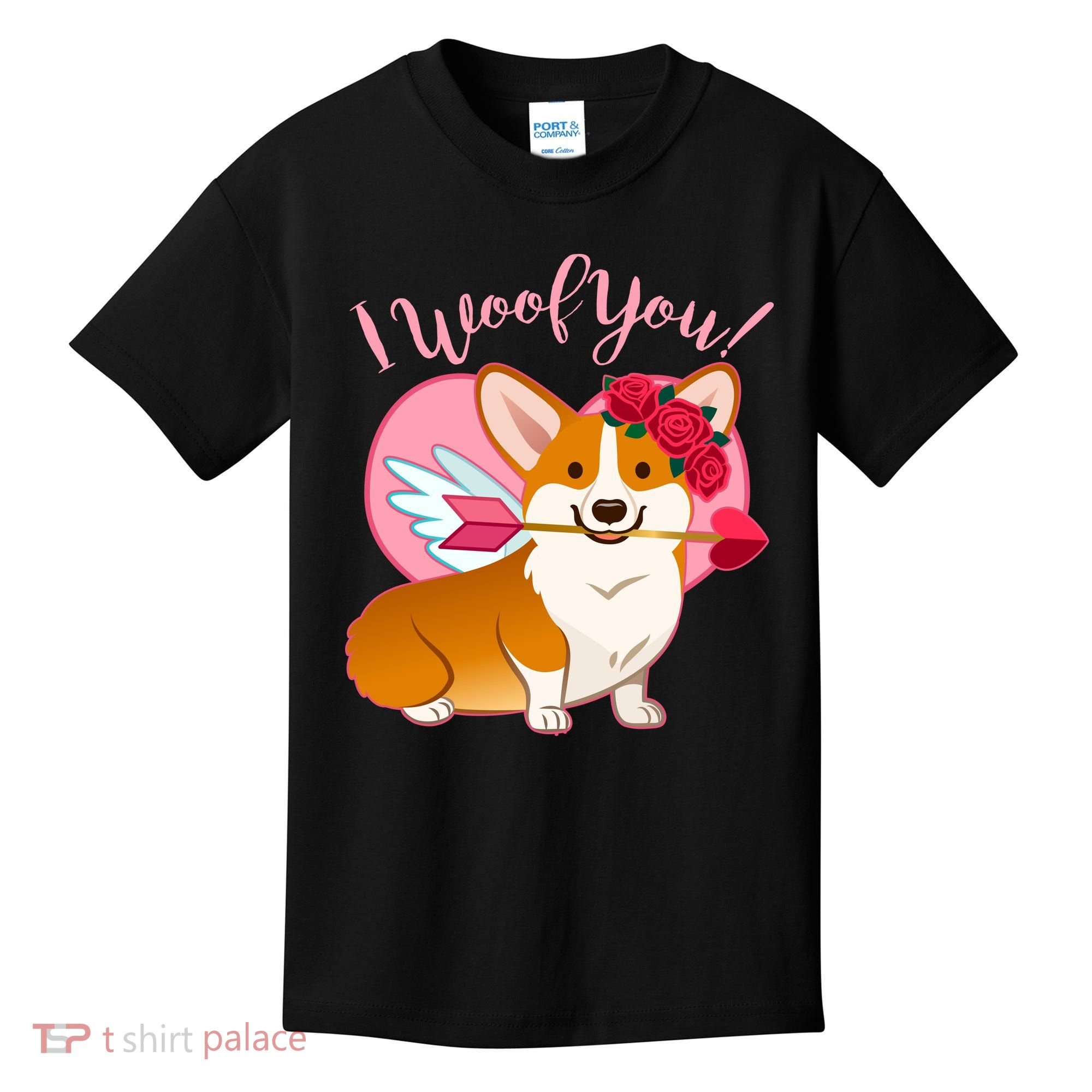 Funny Cute Corgi Valentine I Woof You Kids T-Shirt