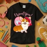 Funny Cute Corgi Valentine I Woof You Kids T-Shirt thumb 3