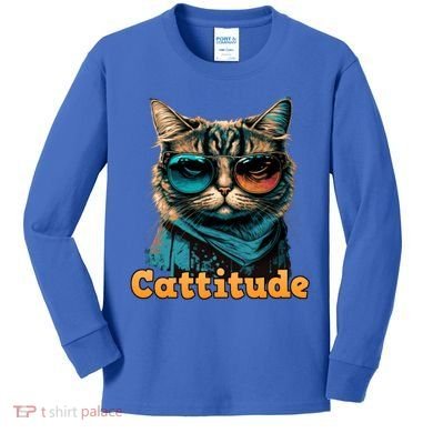 Funny Cool Cat With Glasses Cattitude Cats Lover Attitude Funny Gift Kids Long Sleeve Shirt