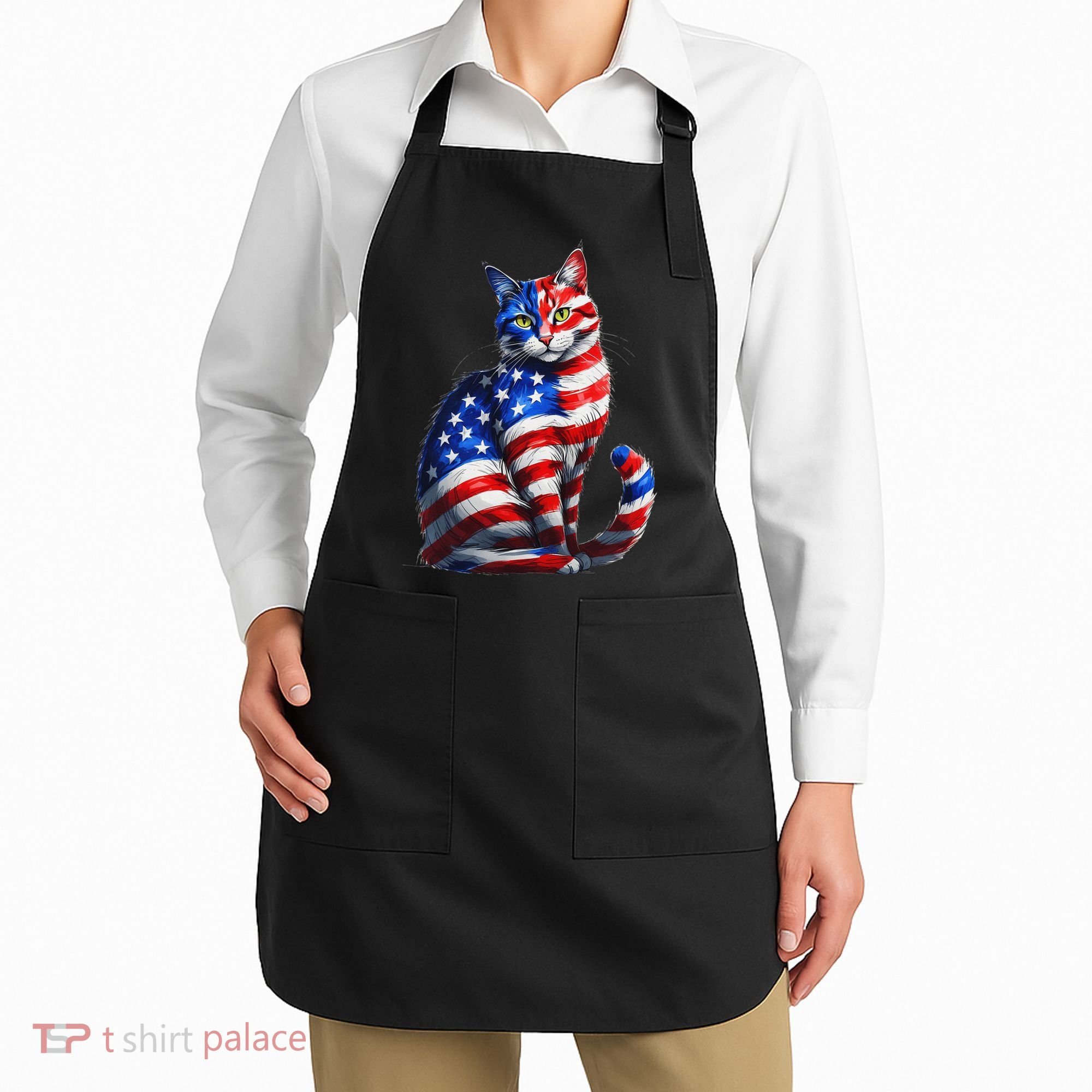 Funny Cute Cat Green Eyes Cat USA Flag 4th Of July Apron