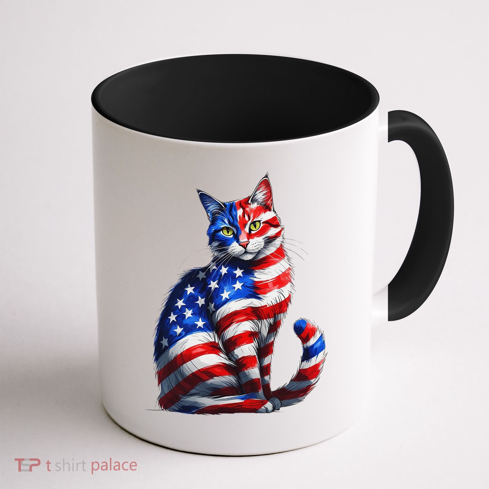 Funny Cute Cat Green Eyes Cat USA Flag 4th Of July Coffee Mug