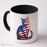Funny Cute Cat Green Eyes Cat USA Flag 4th Of July Coffee Mug thumb 0