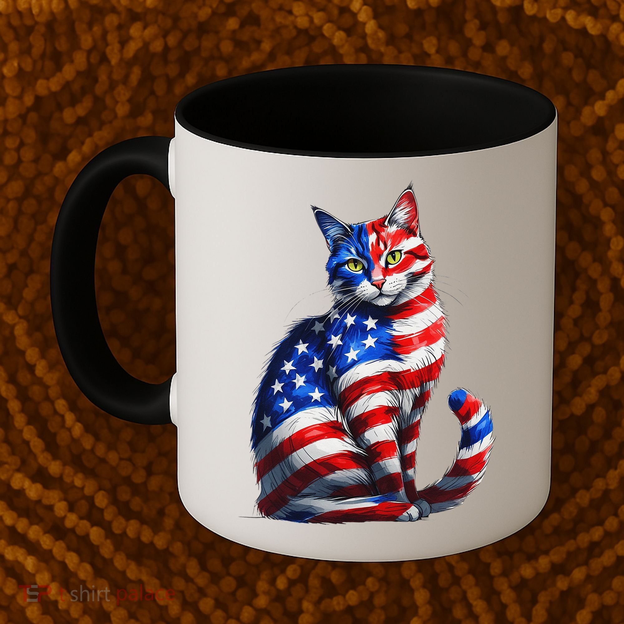 Funny Cute Cat Green Eyes Cat USA Flag 4th Of July Coffee Mug