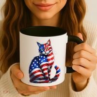 Funny Cute Cat Green Eyes Cat USA Flag 4th Of July Coffee Mug thumb 3