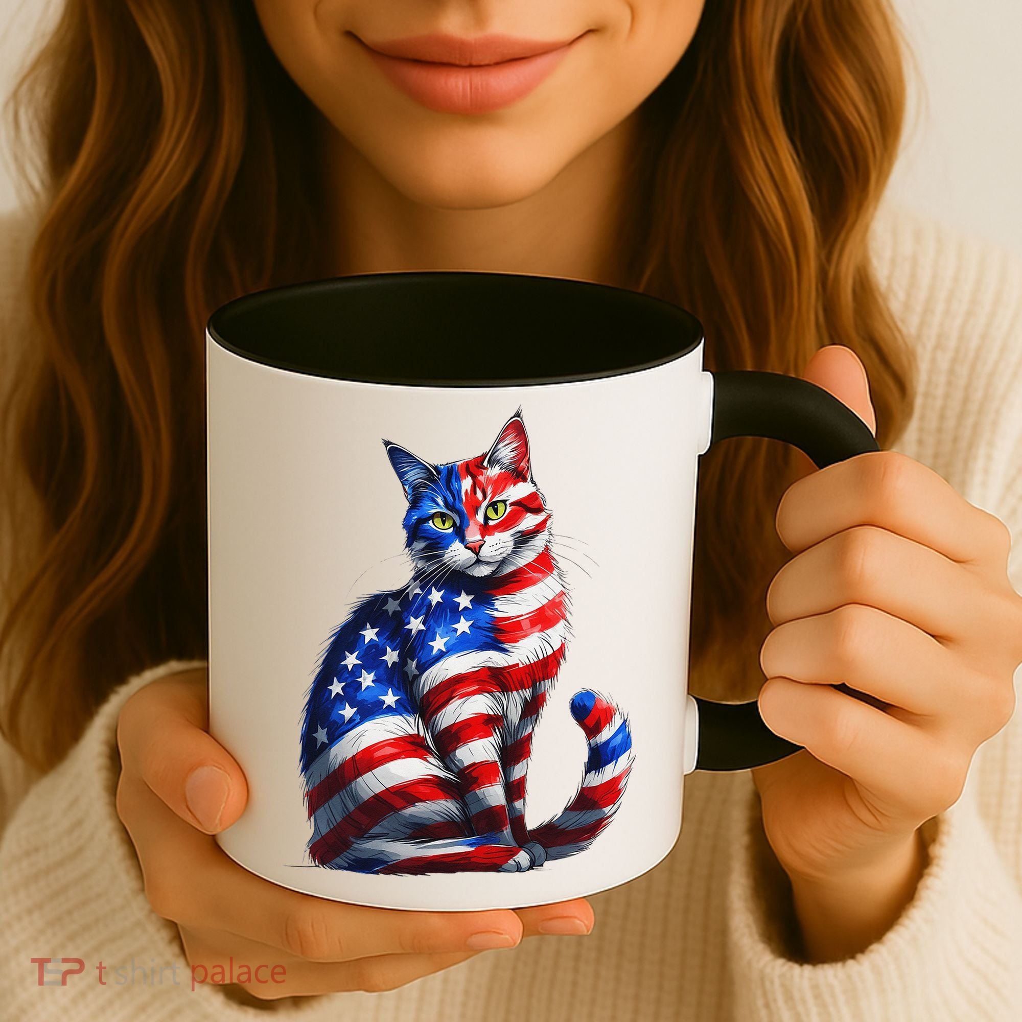 Funny Cute Cat Green Eyes Cat USA Flag 4th Of July Coffee Mug