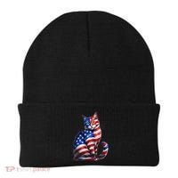 Funny Cute Cat Green Eyes Cat USA Flag 4th Of July Beanie thumb 0