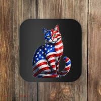 Funny Cute Cat Green Eyes Cat USA Flag 4th Of July Coaster thumb 0