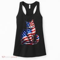 Funny Cute Cat Green Eyes Cat USA Flag 4th Of July Women's Tank Top thumb 0