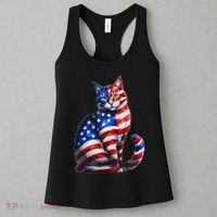 Funny Cute Cat Green Eyes Cat USA Flag 4th Of July Women's Tank Top thumb 3