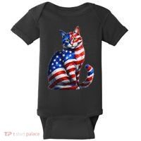 Funny Cute Cat Green Eyes Cat USA Flag 4th Of July Baby Bodysuit thumb 0