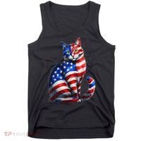 Funny Cute Cat Green Eyes Cat USA Flag 4th Of July Tank Top thumb 0