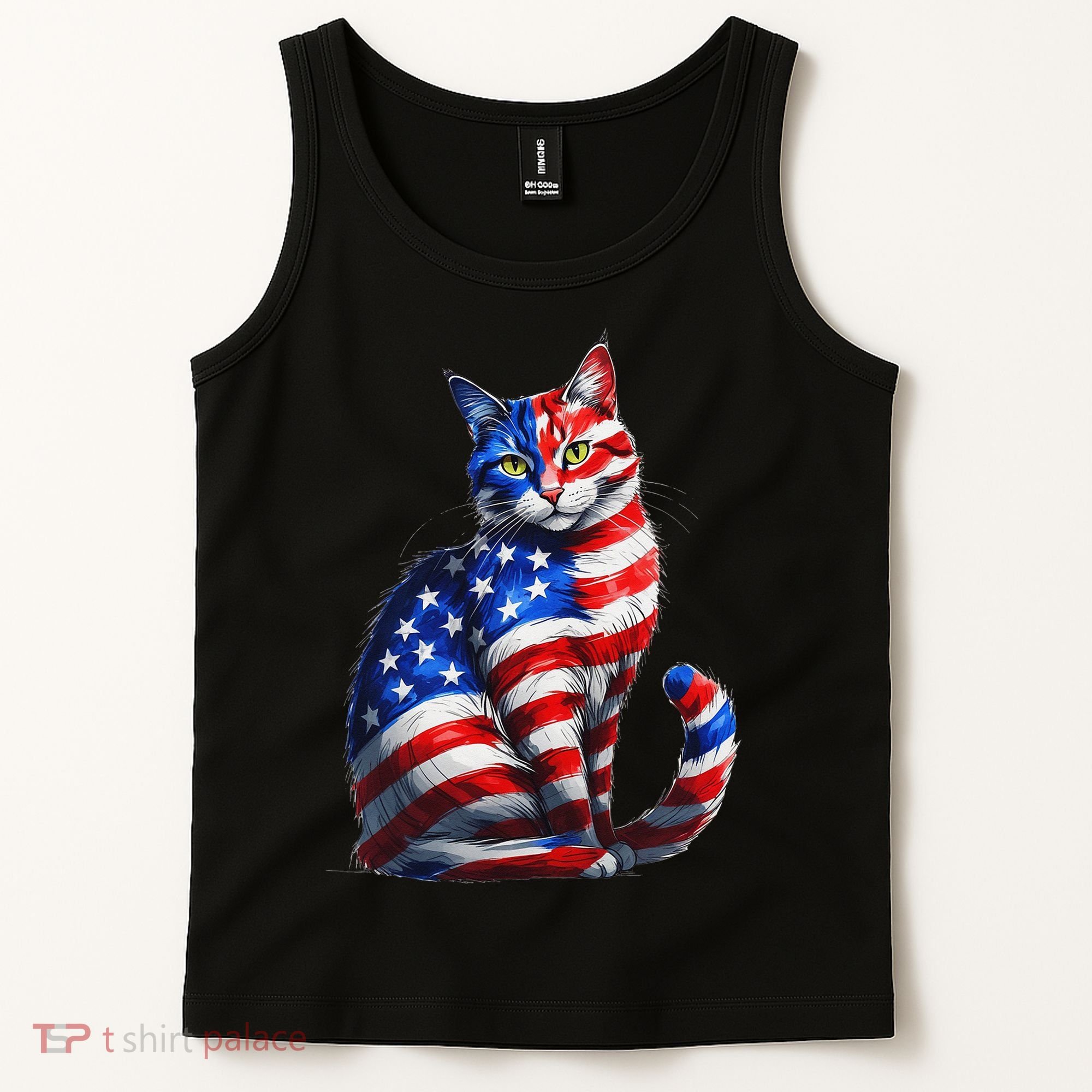 Funny Cute Cat Green Eyes Cat USA Flag 4th Of July Tank Top