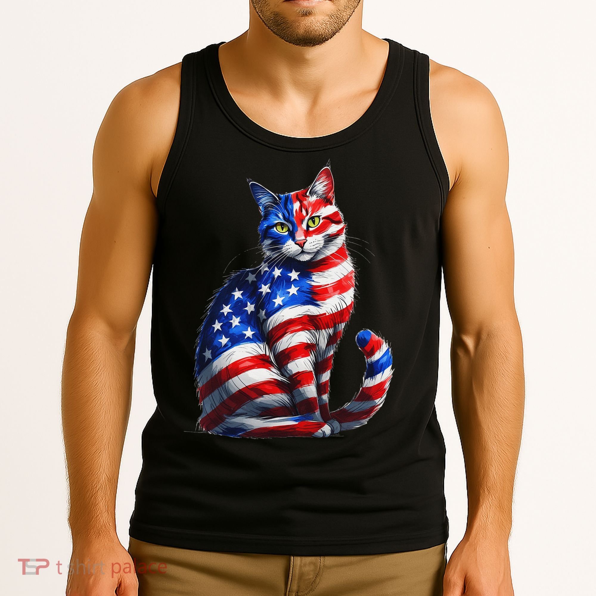 Funny Cute Cat Green Eyes Cat USA Flag 4th Of July Tank Top