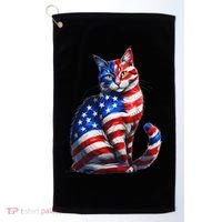 Funny Cute Cat Green Eyes Cat USA Flag 4th Of July Golf Towel thumb 0