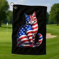Funny Cute Cat Green Eyes Cat USA Flag 4th Of July Golf Towel thumb 1