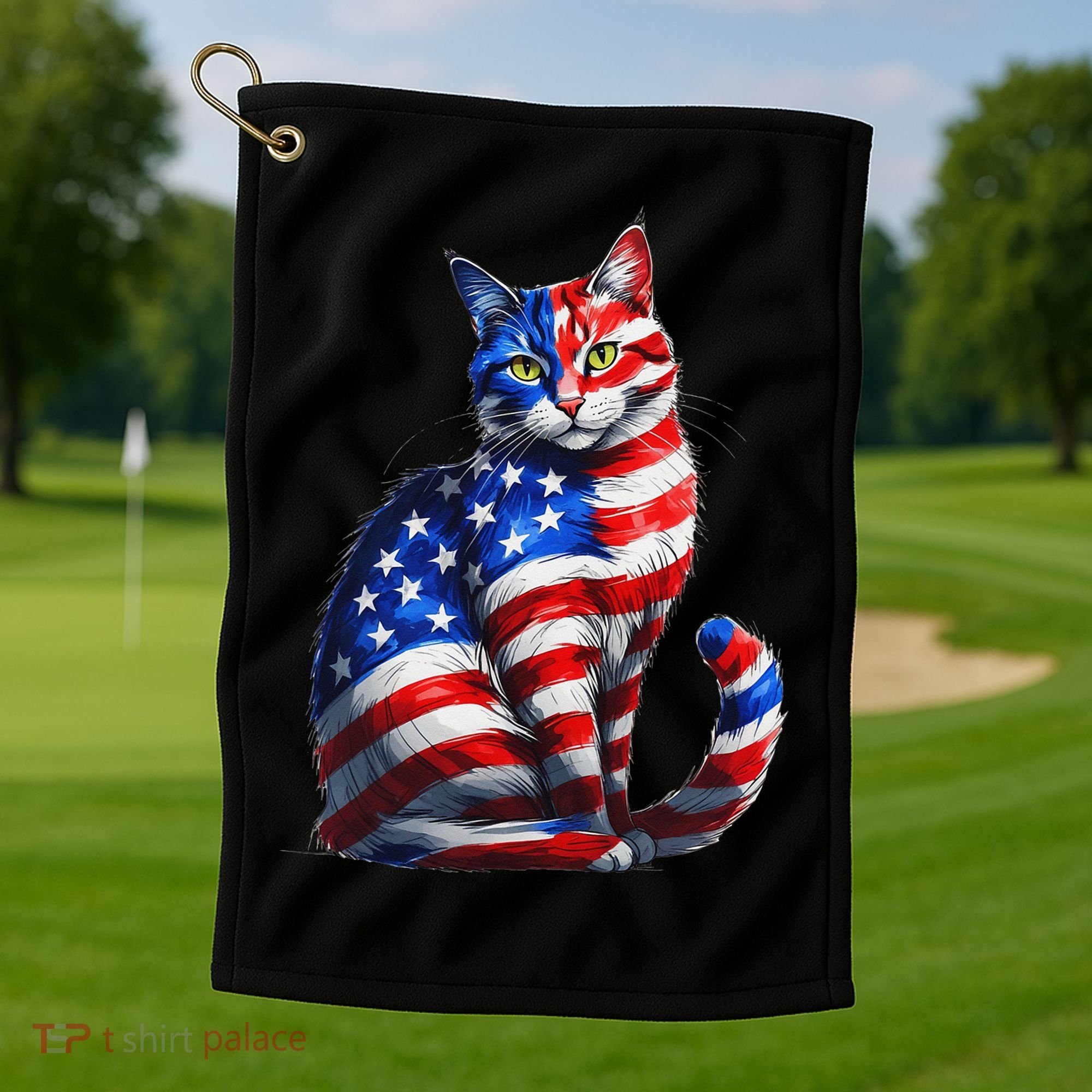 Funny Cute Cat Green Eyes Cat USA Flag 4th Of July Golf Towel