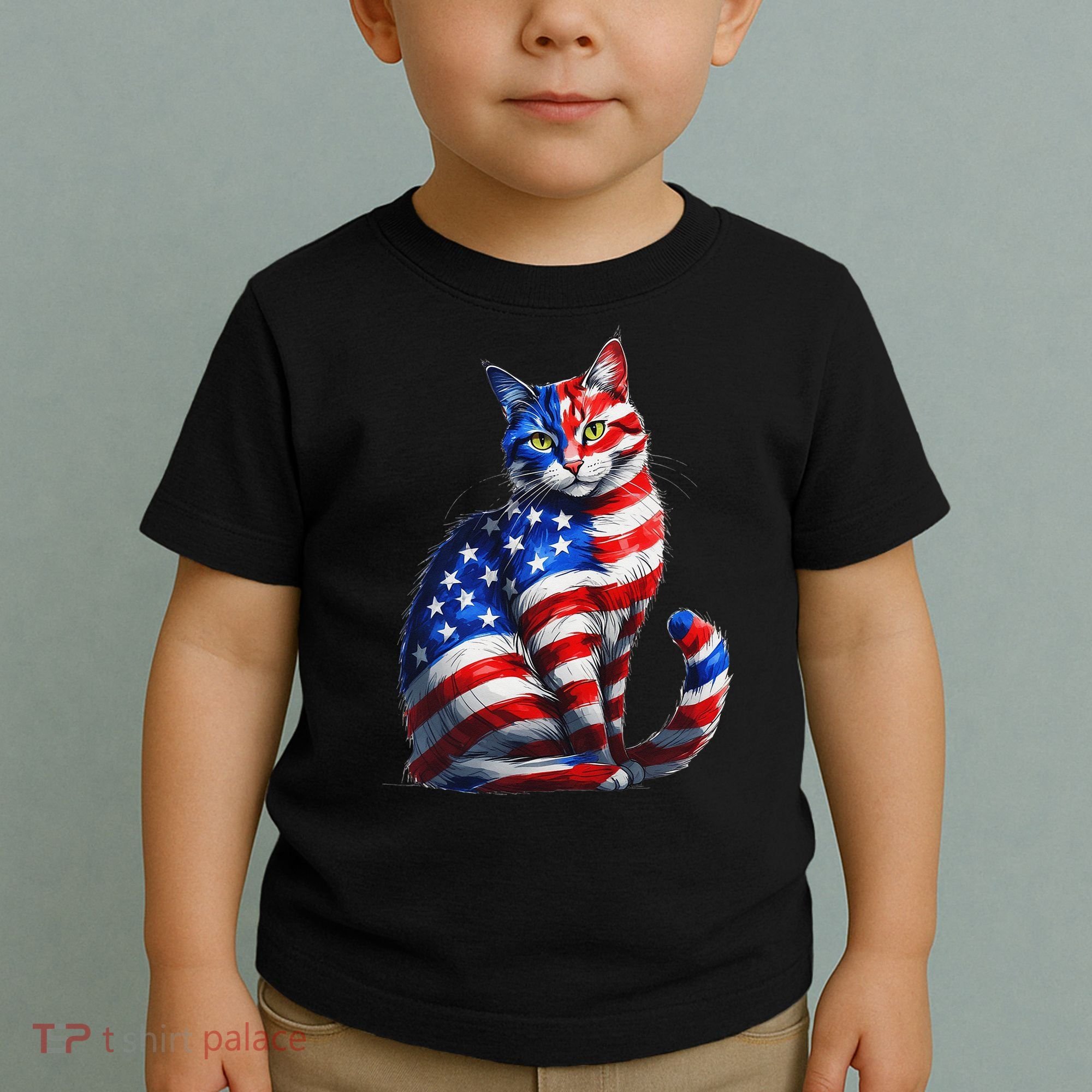Funny Cute Cat Green Eyes Cat USA Flag 4th Of July Toddler T-Shirt