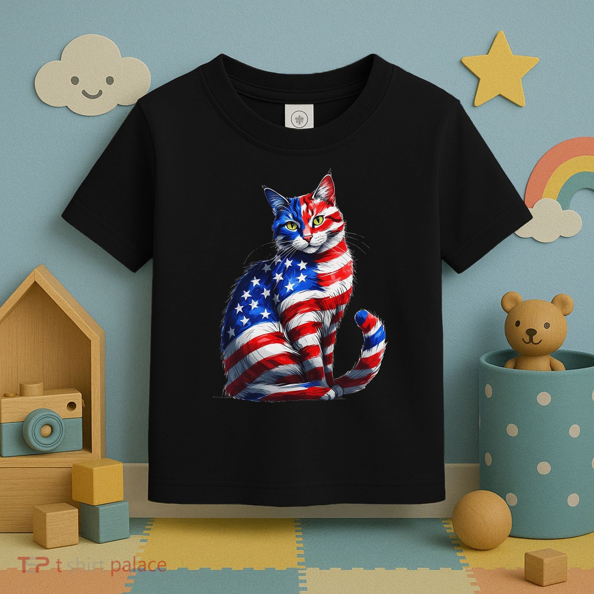 Funny Cute Cat Green Eyes Cat USA Flag 4th Of July Toddler T-Shirt