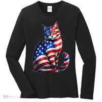 Funny Cute Cat Green Eyes Cat USA Flag 4th Of July Women's Long Sleeve Shirt thumb 0