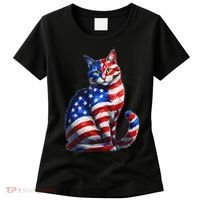 Funny Cute Cat Green Eyes Cat USA Flag 4th Of July Women's T-Shirt thumb 0