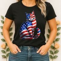 Funny Cute Cat Green Eyes Cat USA Flag 4th Of July Women's T-Shirt thumb 2